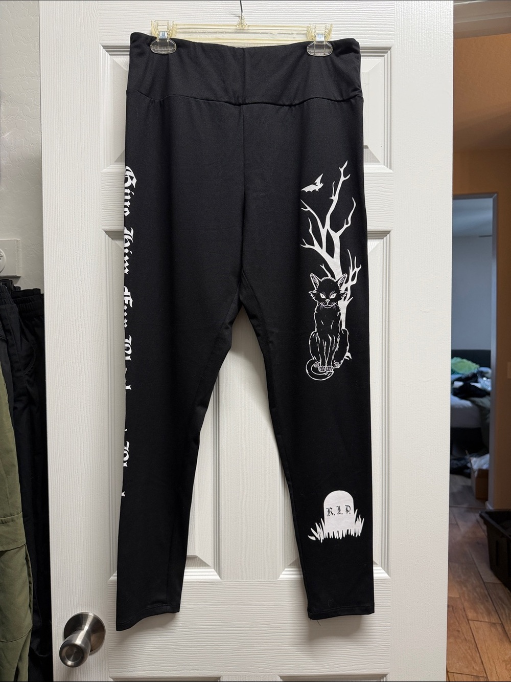 Kids Black Graphic Leggings with Cat and Tombstone